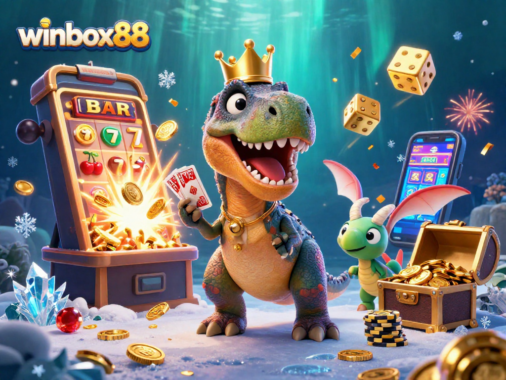 Join the fun at winbox88 with a vibrant casino scene featuring a playful T-Rex and friends, celebrating big wins and jackpots.