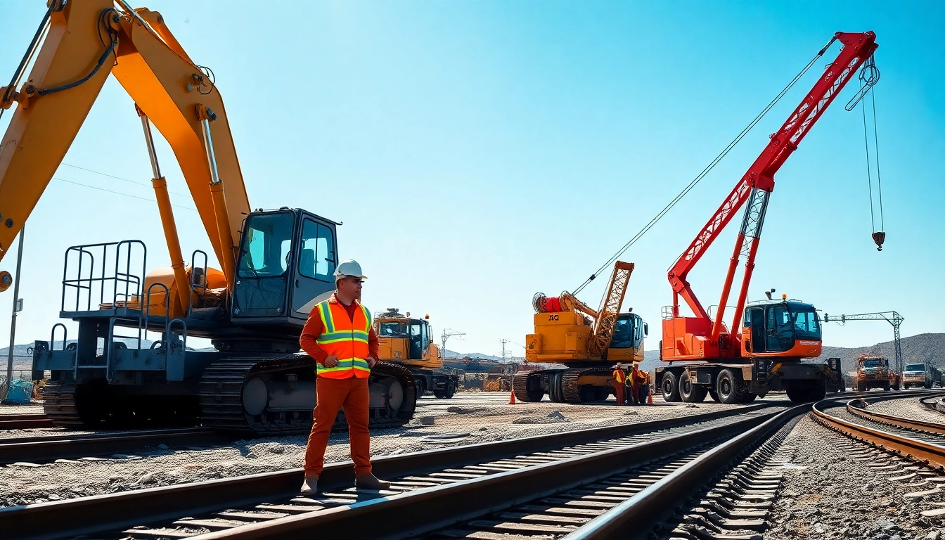 Railroad Contractors USA collaborating effectively on a construction project with modern machinery.