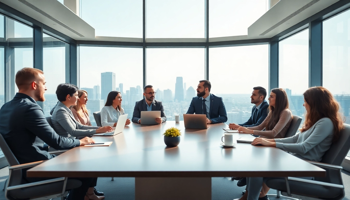 Collaborative business meeting showcasing diverse individuals engaging in discussion over professional topics.