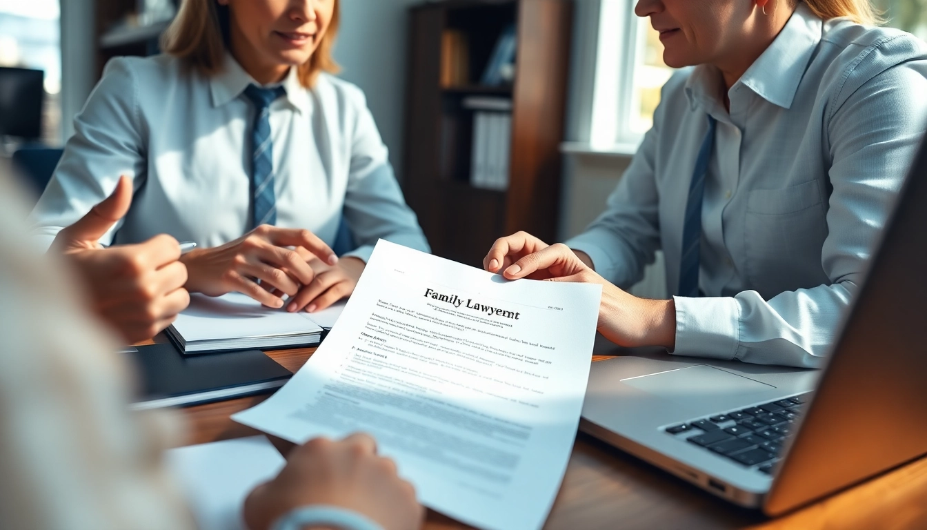 Birmingham Family Lawyer consulting clients in a warm, inviting office setting.