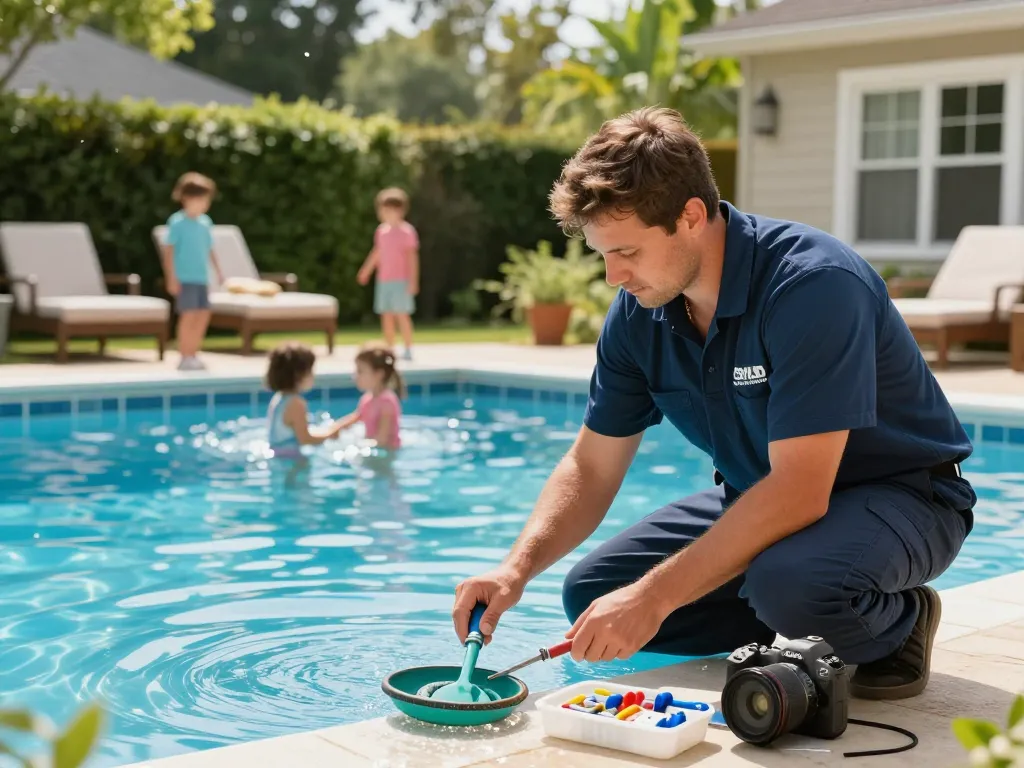Dolphin Pool Services technician maintaining a sparkling pool in Virginia, surrounded by tools and greenery, sunny atmosphere.