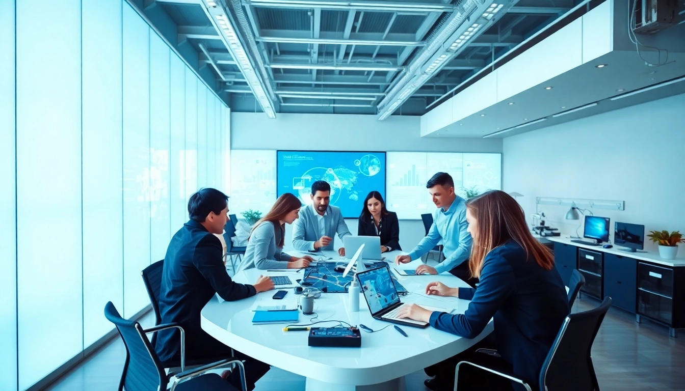 Engaging technology team collaborating with innovative tools in a modern workspace.