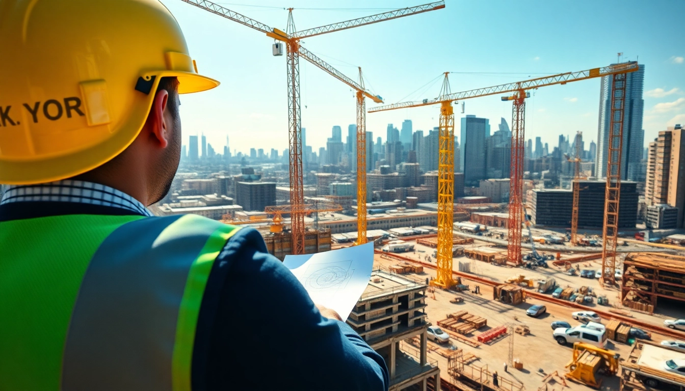 New York City Construction Manager surveying a bustling construction site with blueprints.