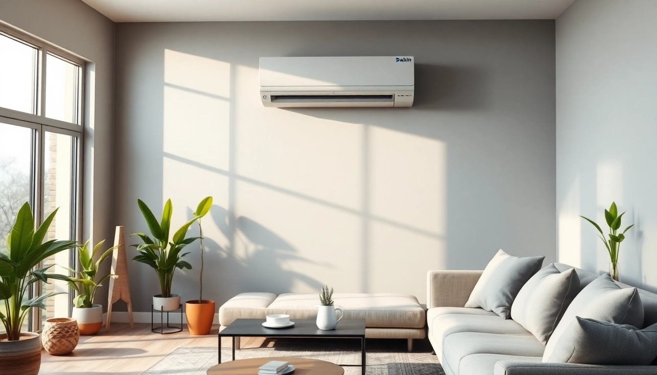 Highlighting a daikin mini split ac in a stylish living room with modern decor.