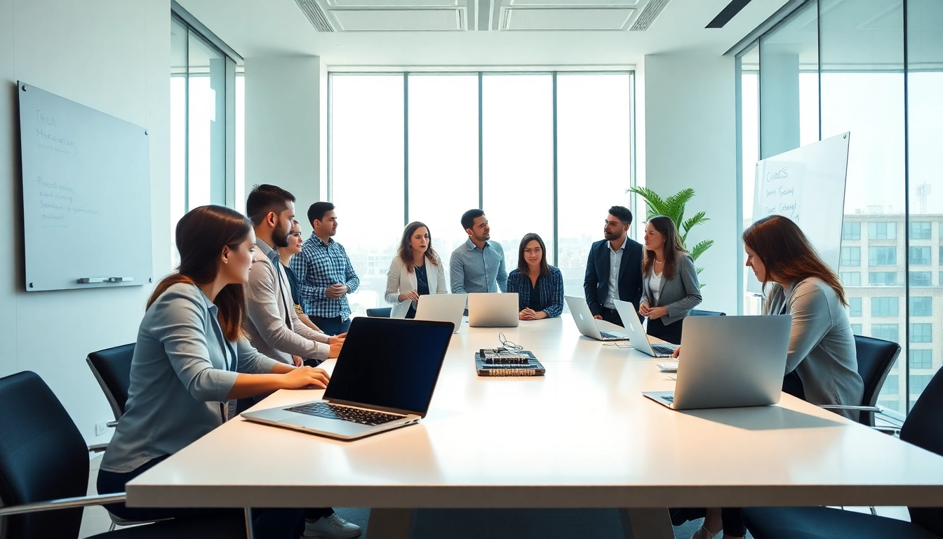 Marketing Agency team brainstorming strategies in a modern office environment.