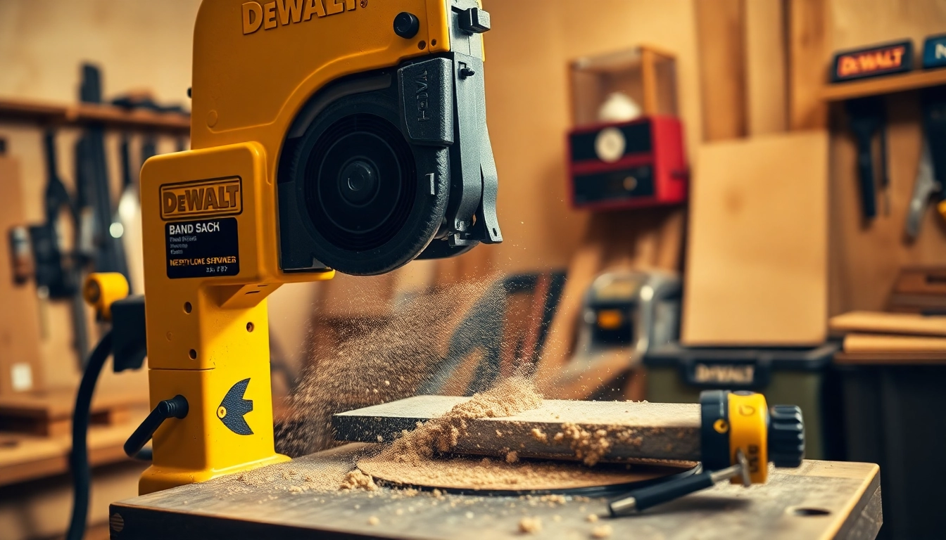 The DeWalt band saw effortlessly cuts hardwood, showcasing precision and power in a well-equipped workshop.