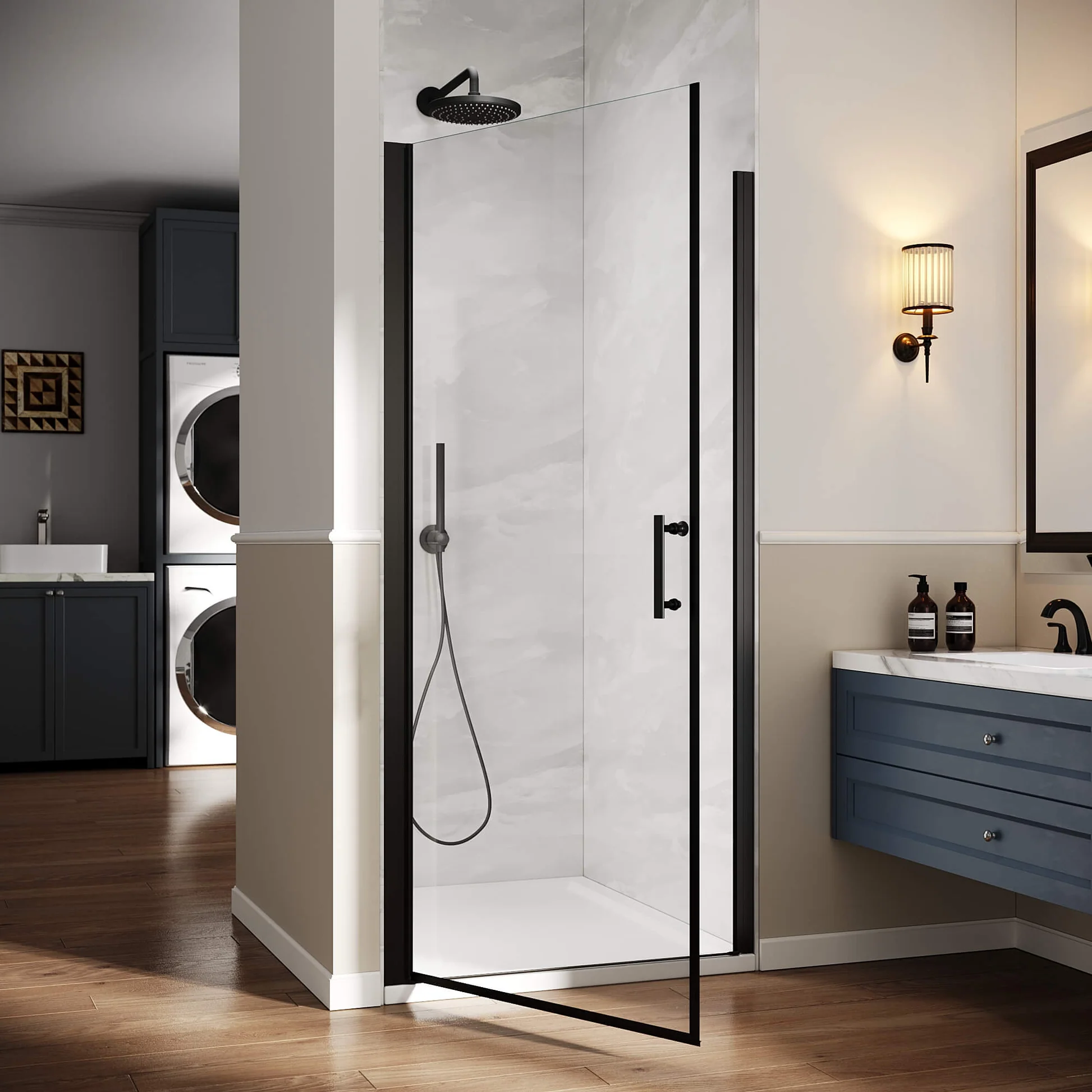 Minimalist Bathrooms Featuring Black Frame Shower Doors