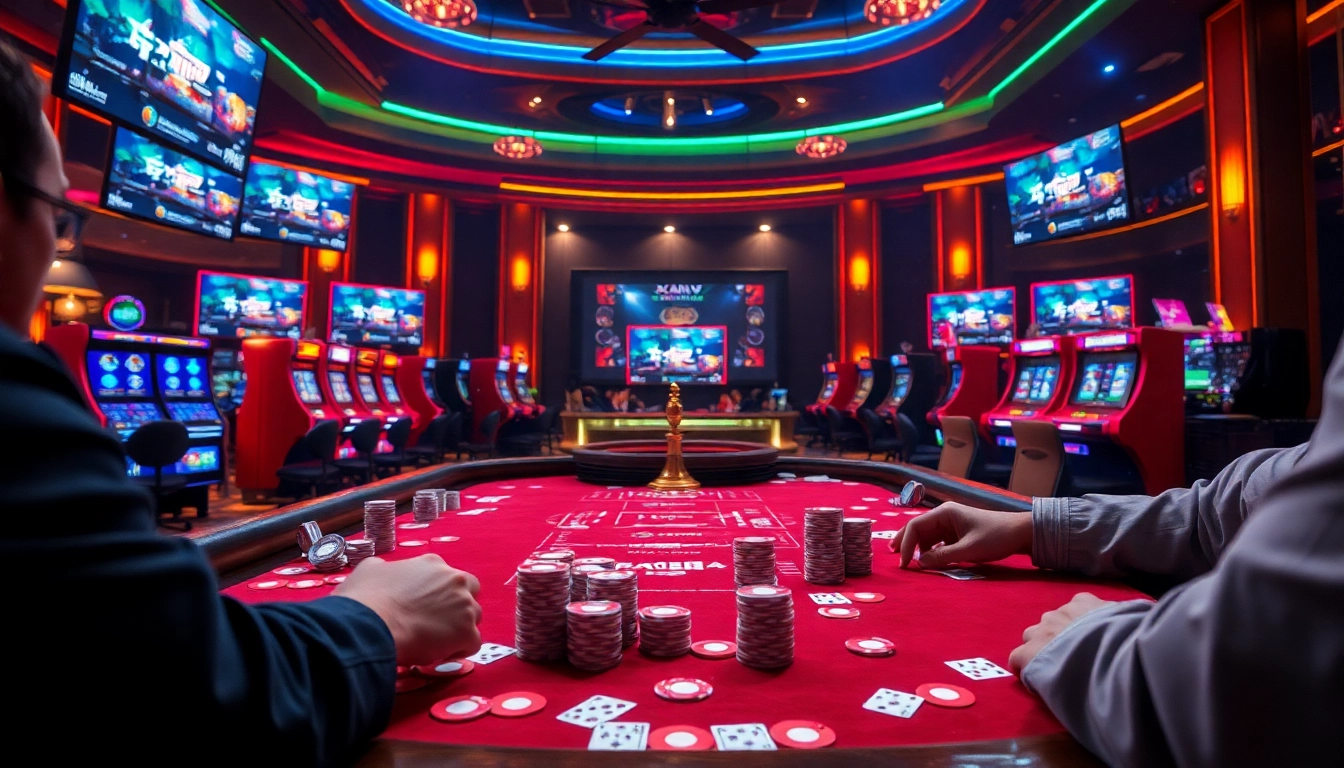 Dynamic gaming action at Xôi Xoài TV with poker chips and vibrant casino props.