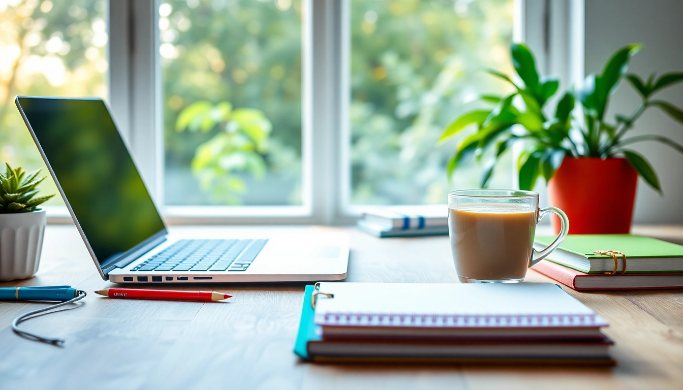 Showcase a vibrant blogger's workspace related to UK Blog with colorful notebooks and natural light.