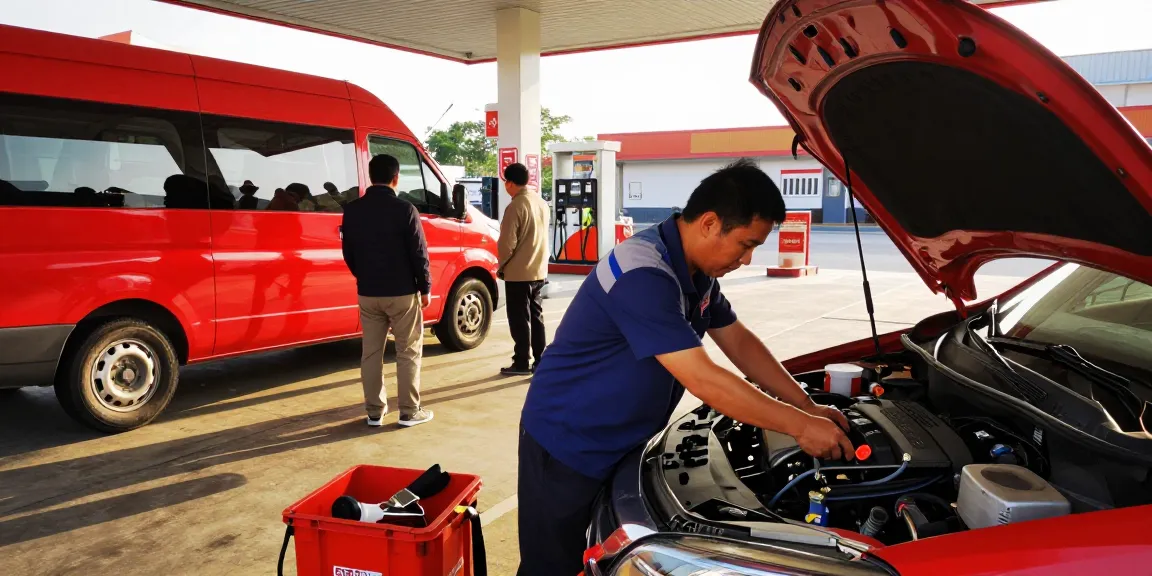 Technician resolving petrol in diesel car issue at fuel station.