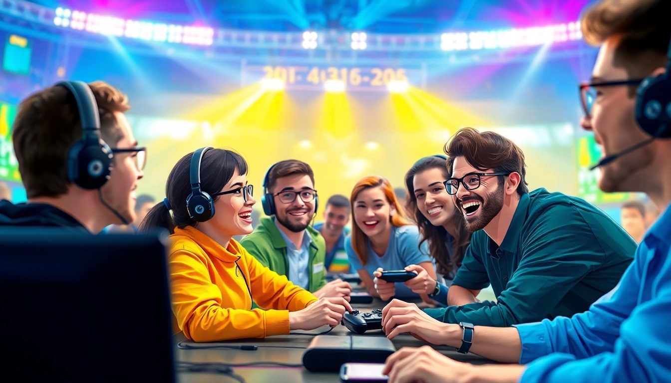 Playful group enjoying daman games in a vibrant gaming arena, showcasing excitement and competition.