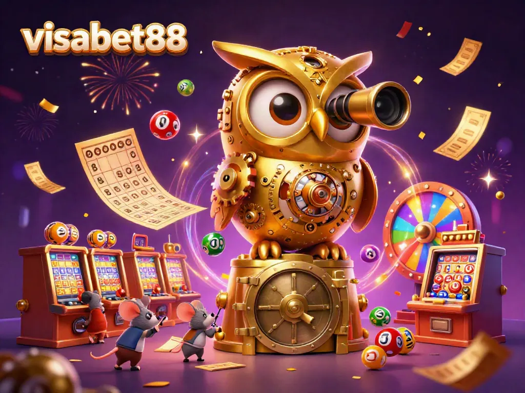 Engage in thrilling gaming at visabet88 with a vibrant illustration of an owl scanning a casino floor, delightful lottery elements, and festive energy.