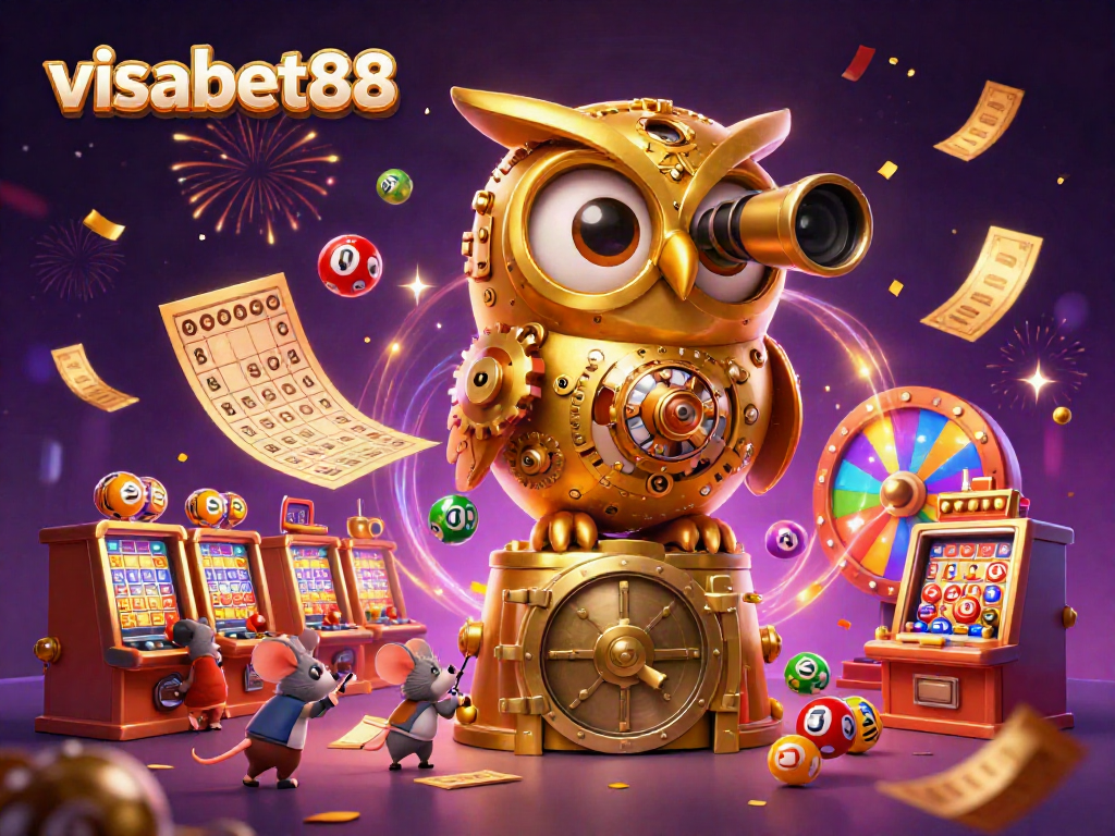 Engage in thrilling gaming at visabet88 with a vibrant illustration of an owl scanning a casino floor, delightful lottery elements, and festive energy.