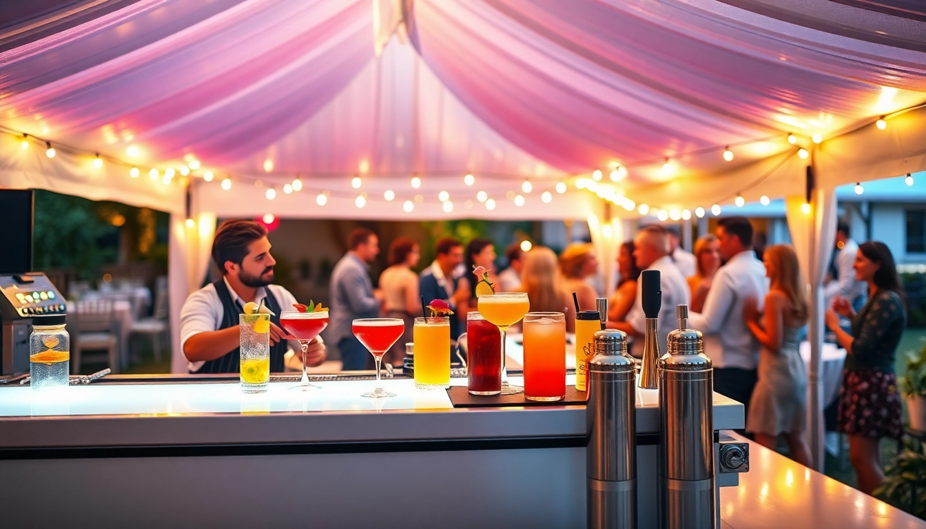 Guests enjoying drinks from a professional mobile bar service at a lively outdoor party.