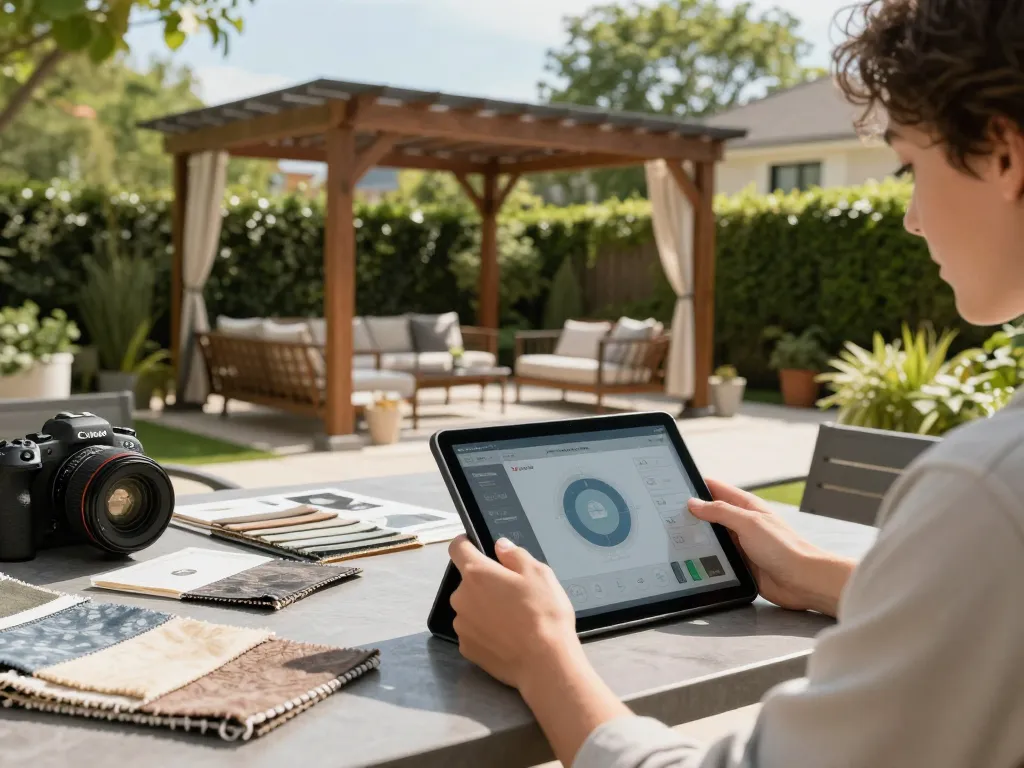 Engaged user utilizing software configuratore pergole to design a custom patio pergola.