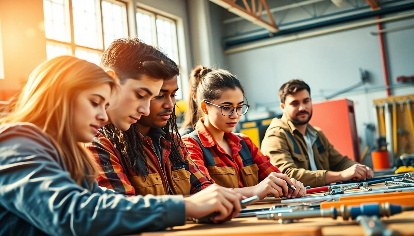 Engaging scene of skilled trades training with students using tools in a bright classroom.