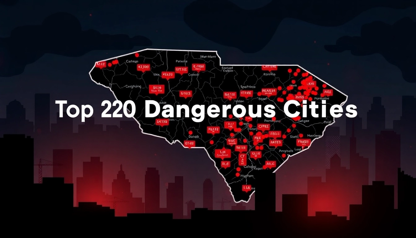 Visual representation of the top 20 most dangerous cities in South Carolina with highlighted crime data.