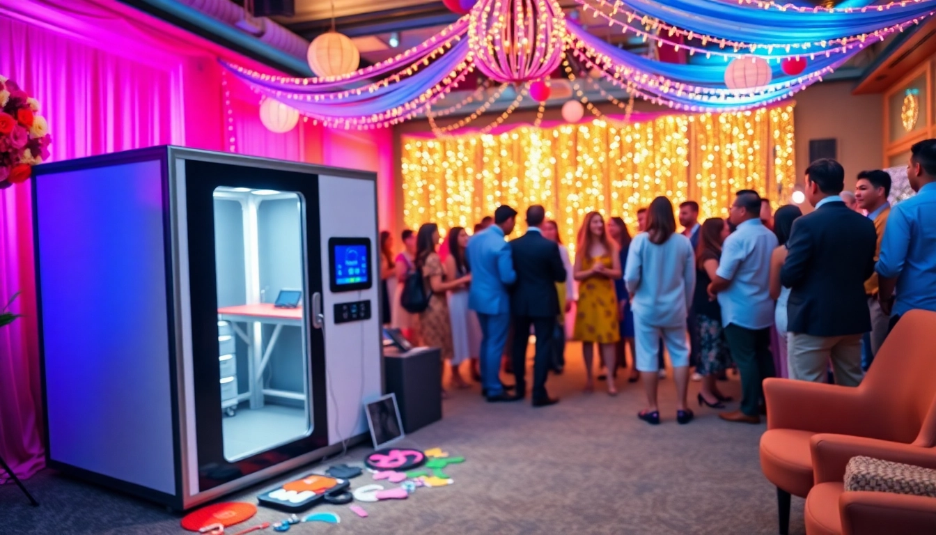 Guests enjoying a fun photo booth rental experience with vibrant props at a lively event.