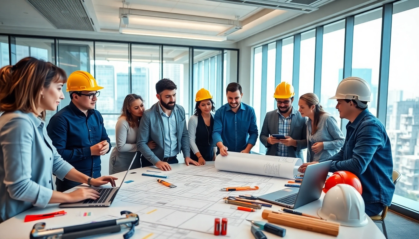 Members of a construction association collaborating over blueprints in a modern office.