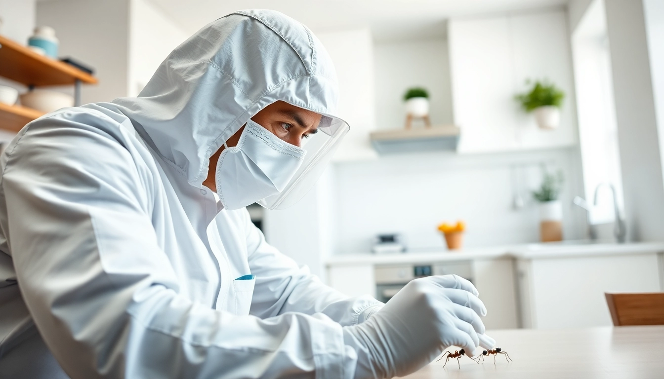 Ant infestation treatment performed in a kitchen by a pest control expert.