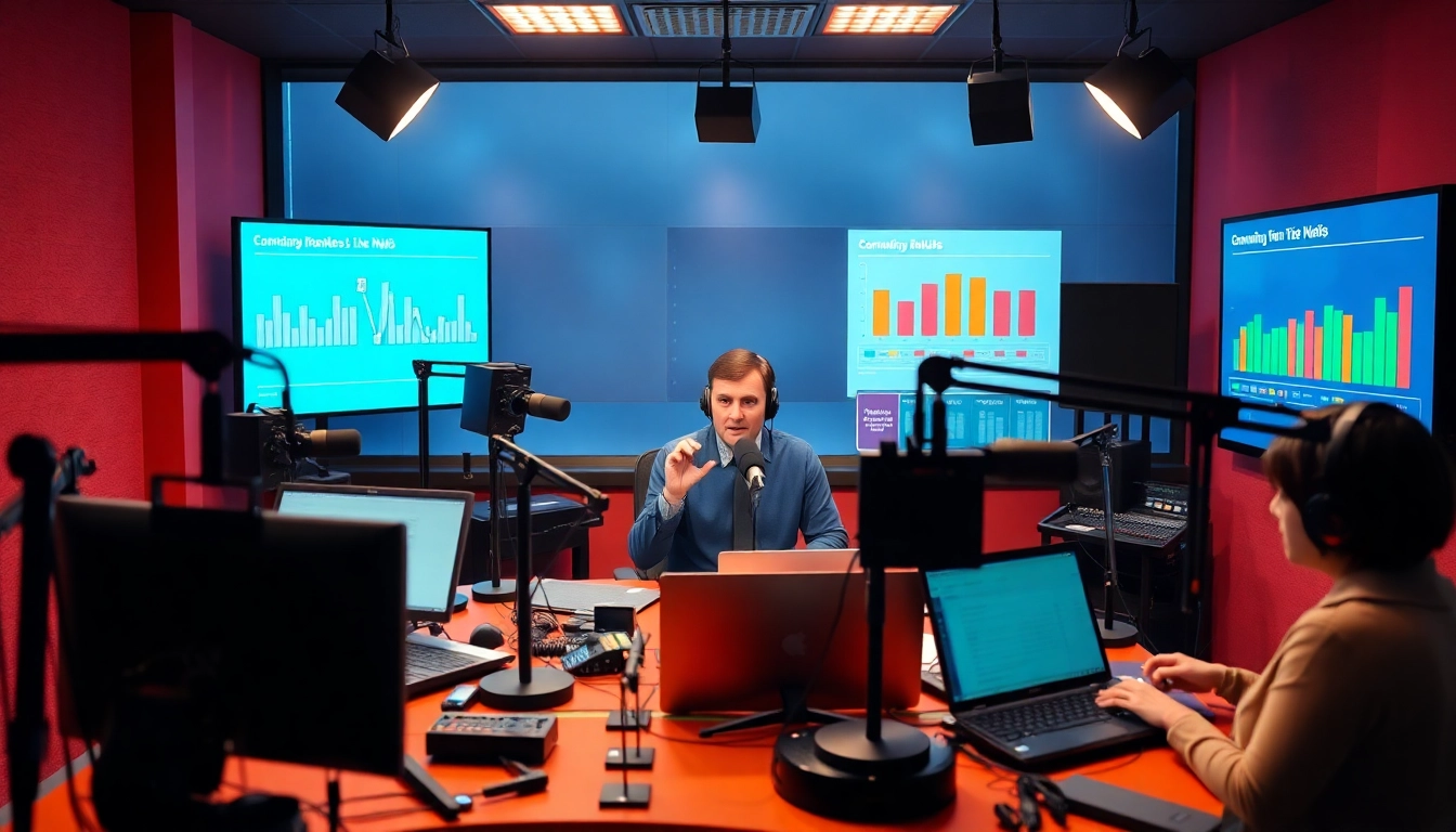 Engaging host at the radio studio of hometownstation.com sharing live updates to listeners.
