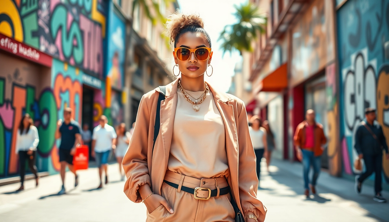 Fashion influencer showcasing a trendy outfit in a lively urban setting.