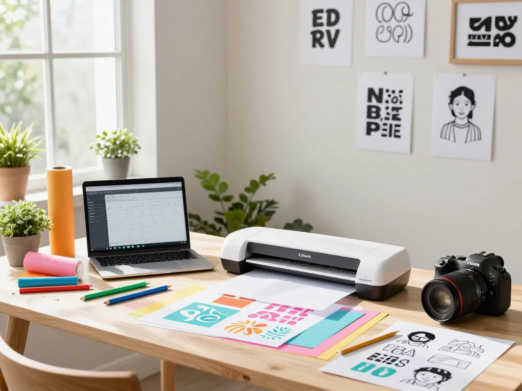 Craftsperson utilizing a cricut svg bundle in a bright studio with colorful supplies and tools.