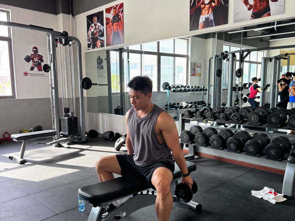 Bodybuilder in gym preparing for workout with quality steroidi online supplements on bench