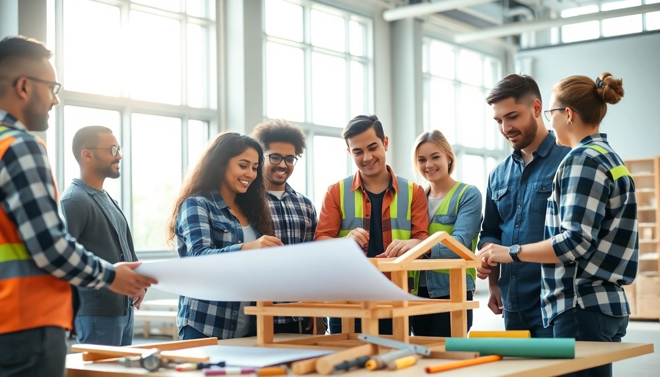 Demonstrating construction education with students learning hands-on skills in a vibrant training environment.