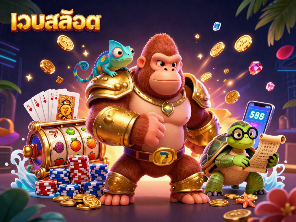 Spin to win at เว็บสล็อต with a vibrant, dynamic casino scene featuring rich illustrations of characters and slot reels.