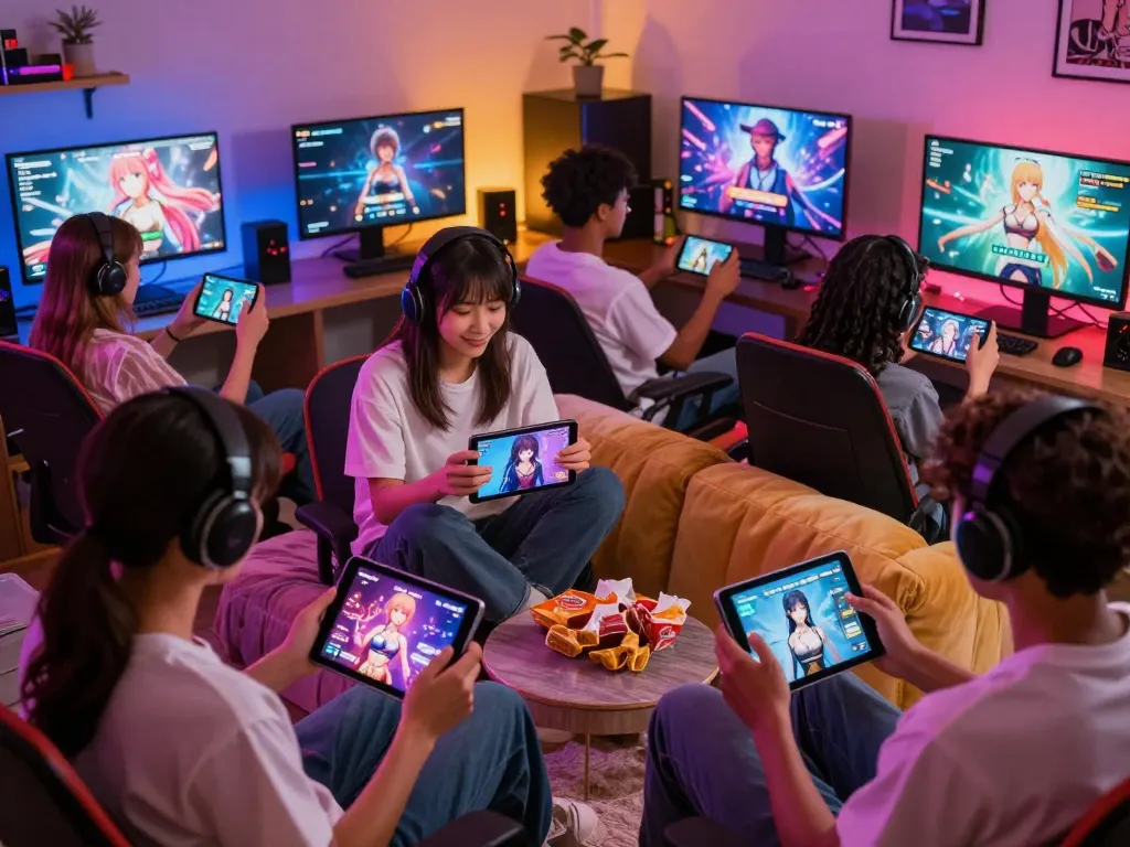 Engaged gamers playing free sex games on devices in a vibrant setting.