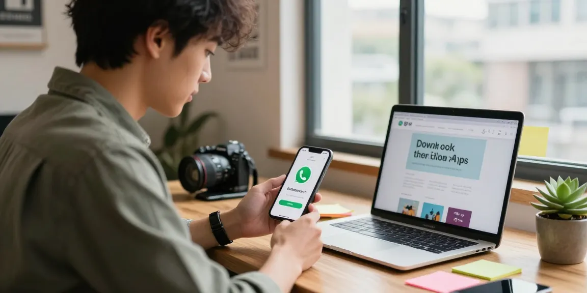 Downloading WhatsApp下載 on a smartphone in a modern workspace