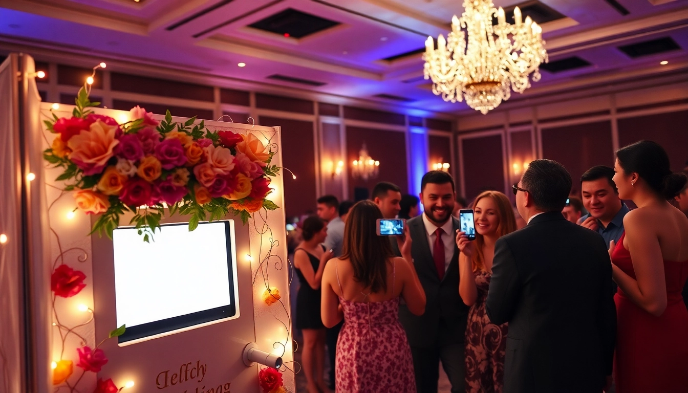 Engaged guests using a photo booth chicago, filled with colorful props and enchanting decorations.