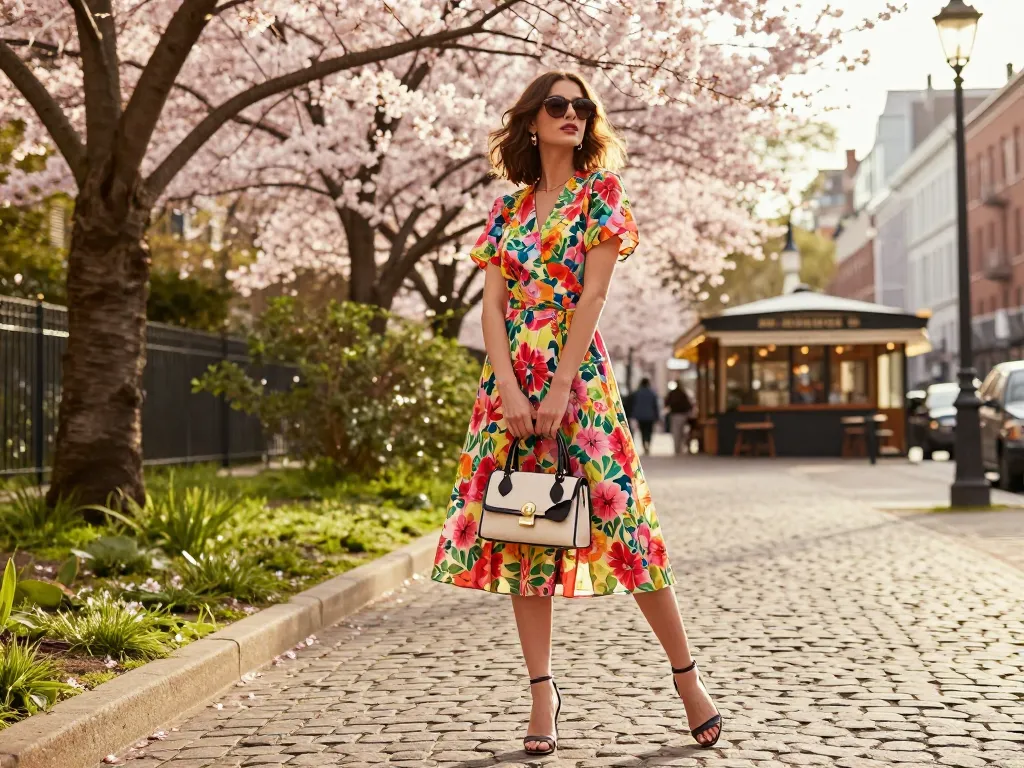 Stylish woman showcasing dresses in spring amidst blooming cherry blossoms.