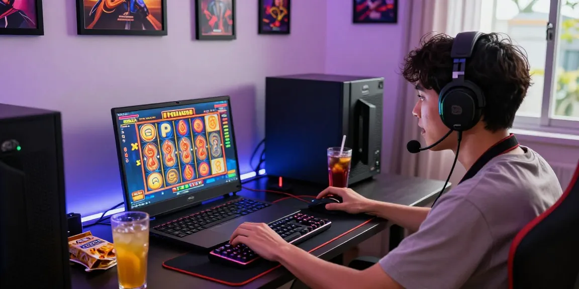 Player enjoying slot gacor gameplay on laptop with vibrant gaming atmosphere