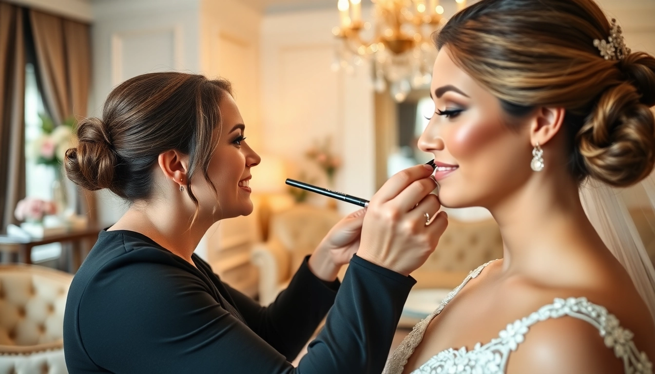 Delaware makeup artist perfecting bridal makeup in a stylish setting.