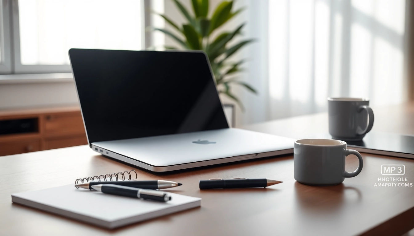 MacBook Pro M3 en un elegante espacio de trabajo, con un ambiente productivo y moderno.