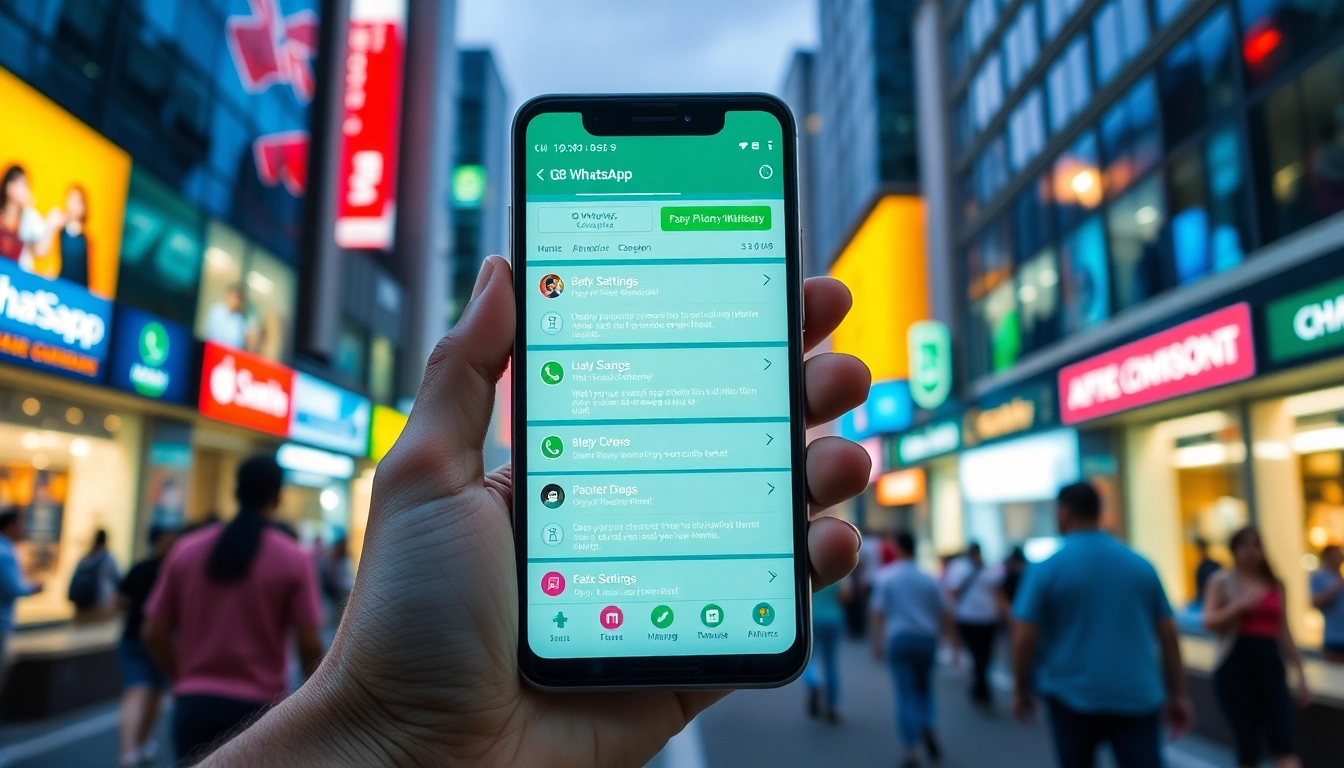 GB WhatsApp APK showcasing customizable features and vibrant chat options on a smartphone in an urban setting.