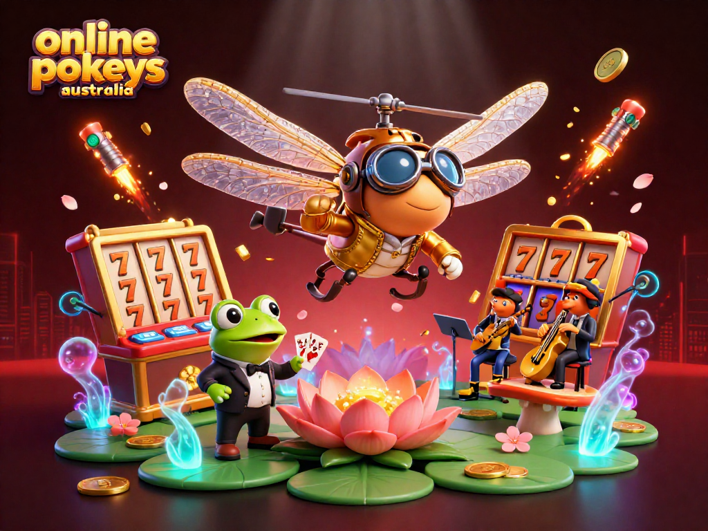 Experience thrilling online pokies Australia at a vibrant lily pad casino with captivating characters.