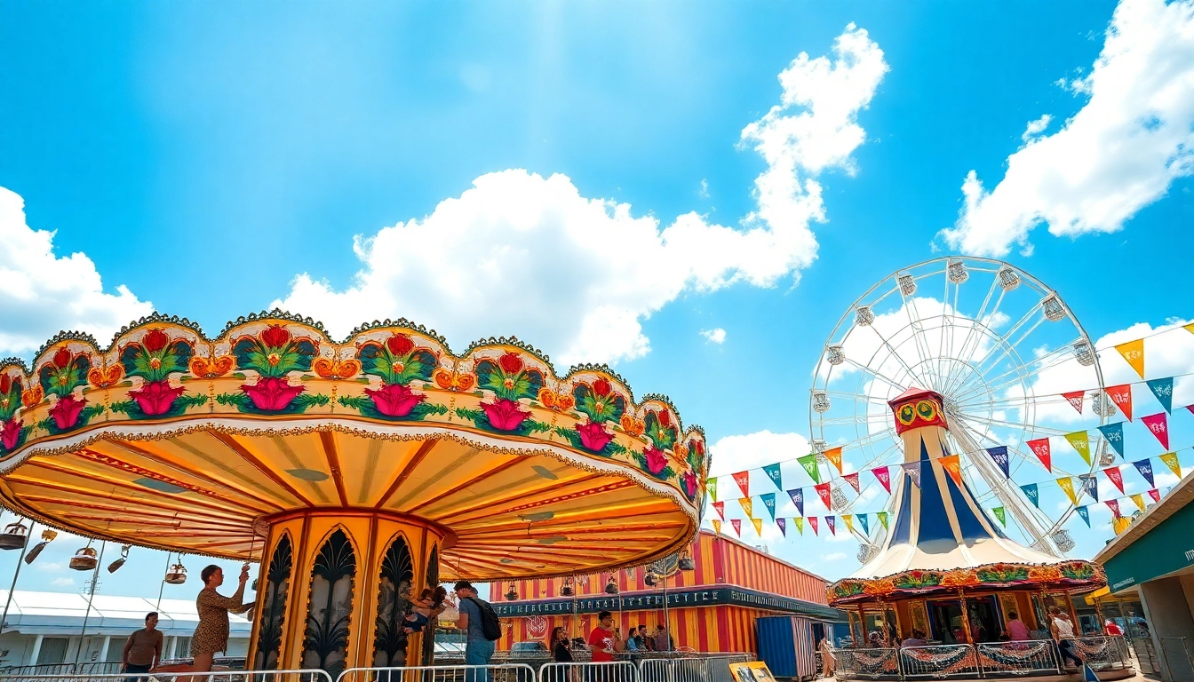 Experience funfair rides hire newcastle with an exciting Ferris wheel and happy families enjoying activities.