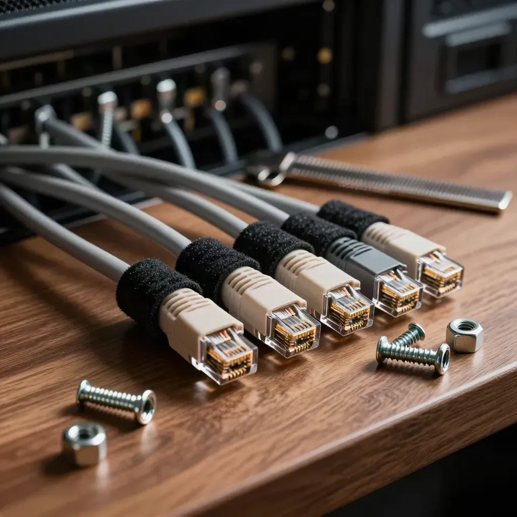 Macro still life of network patch cables, cable comb and rack screws on a dark service bench.