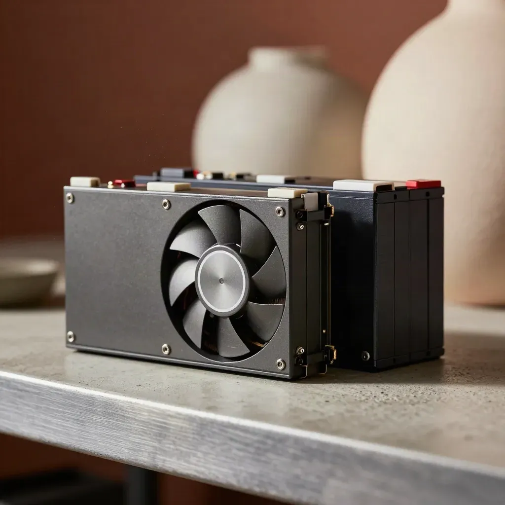 UPS battery cartridge, spare fan module and battery block on a dim concrete shelf