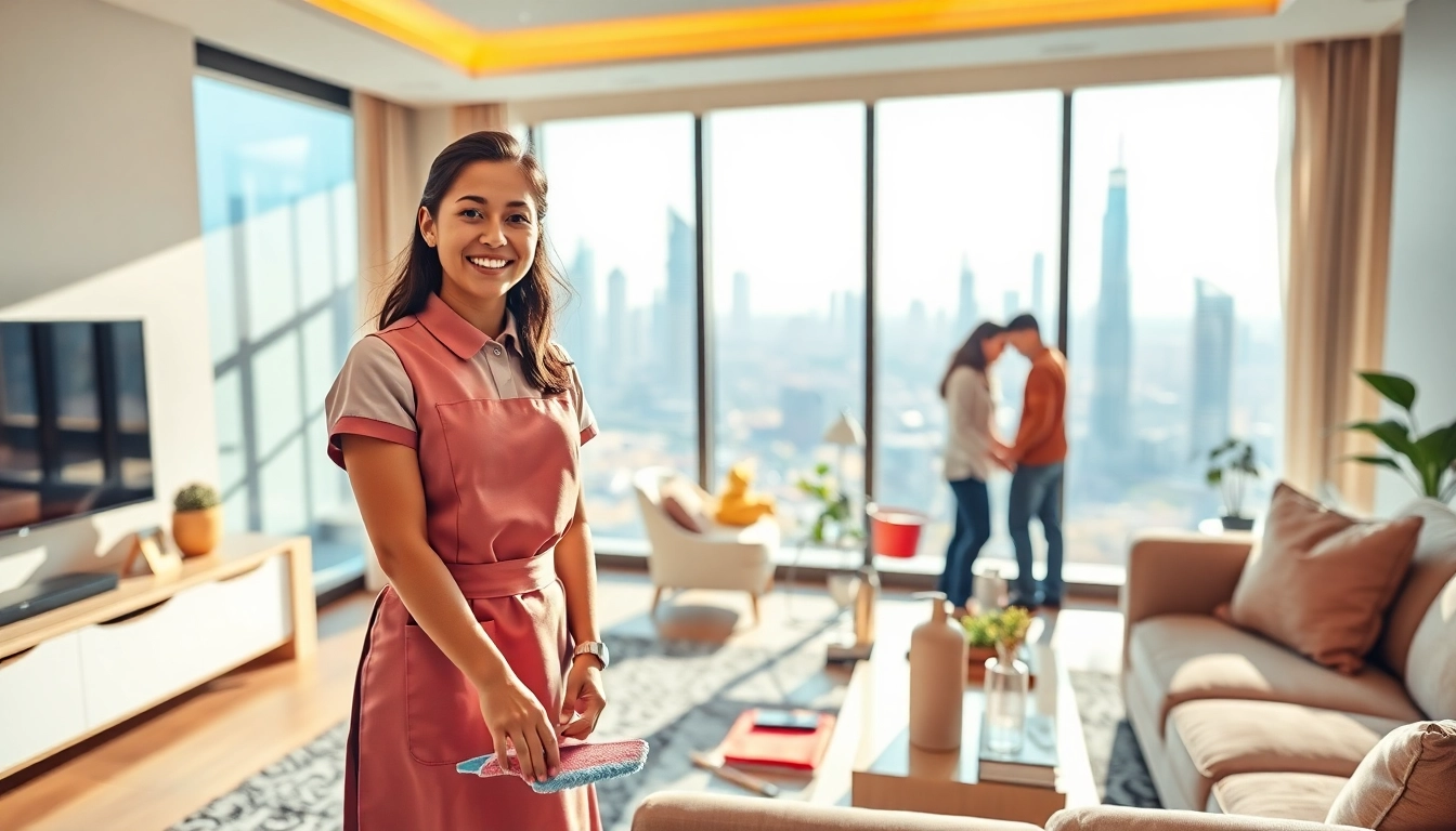 Maid Agency Dubai providing professional cleaning services in a welcoming Dubai apartment.