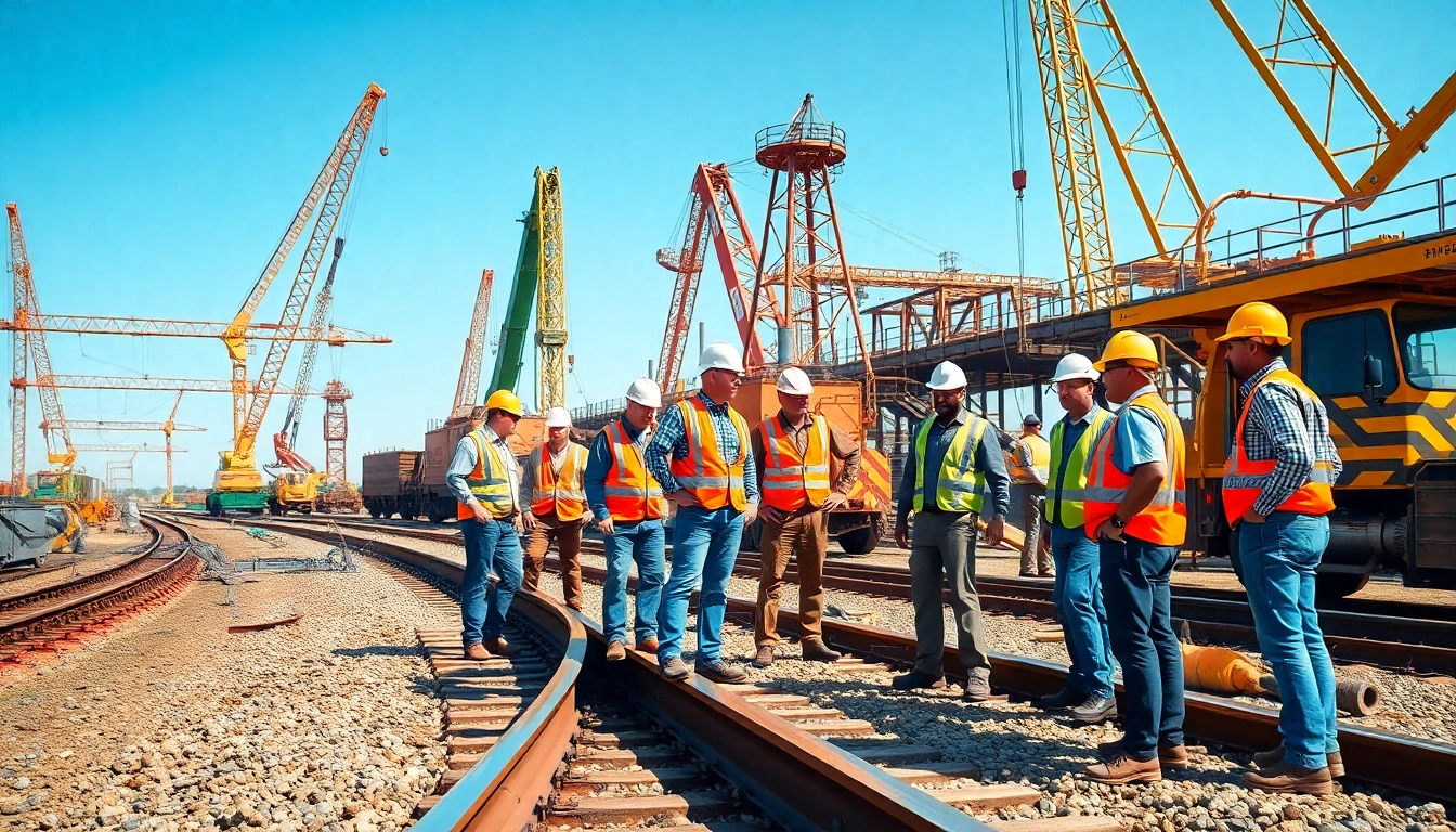 Railroad Contractors USA collaborating on a construction site with machinery and active workers.