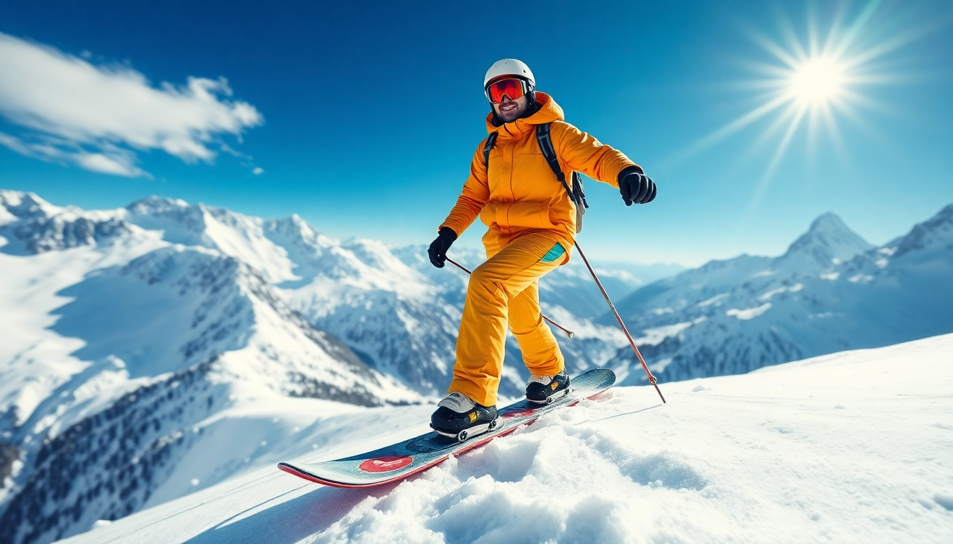 Splitboarding rider ascending snow-covered slope amidst stunning mountain scenery