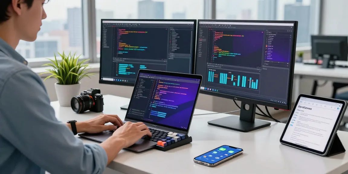 Modern workspace scene capturing a developer at work on 纸飞机官网 software, showcasing coding and innovative technology.