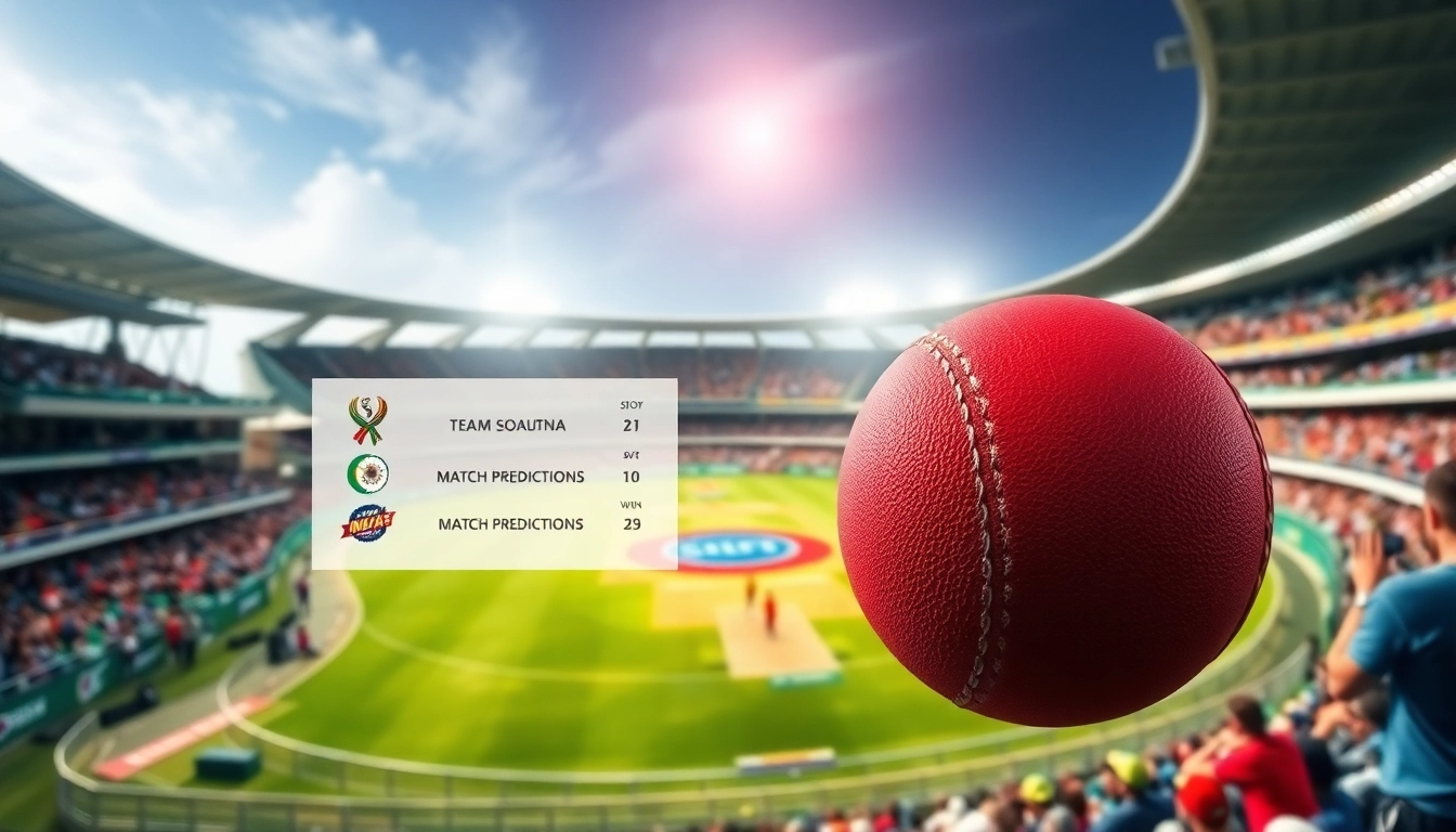 Analysis of today's IPL match win prediction with a lively cricket scene featuring fans and a scoreboard.