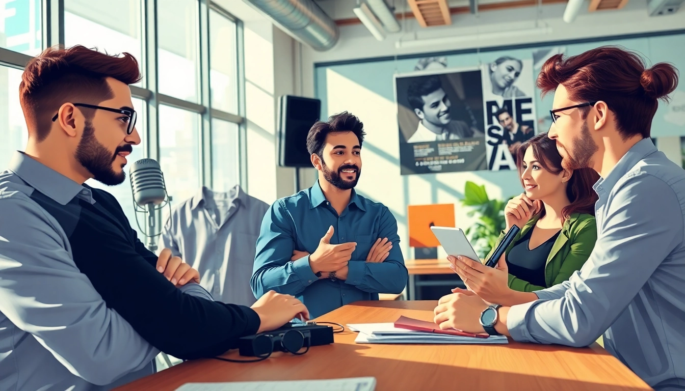 Engaging scene of a music pr company strategizing for artist promotion with diverse team members.