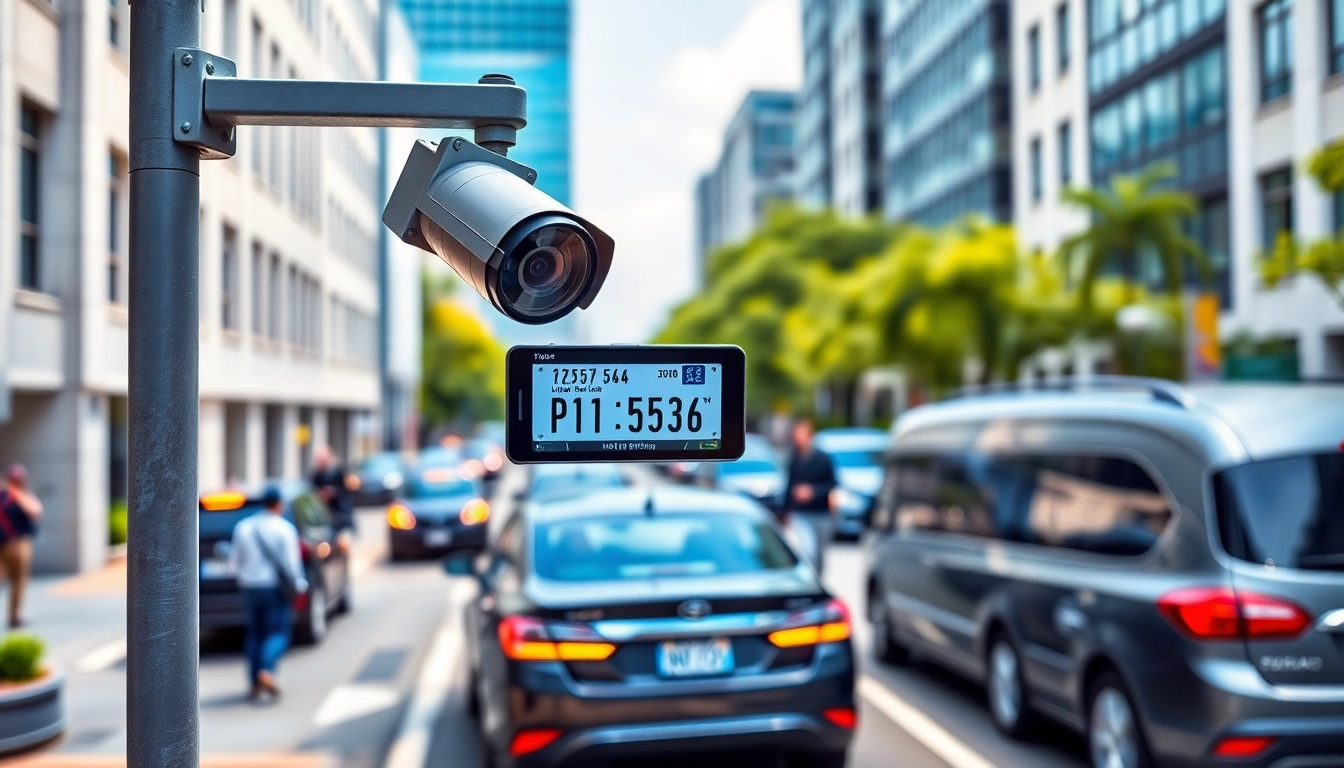 Automatic license plate recognition technology capturing vehicles on an urban street with clear visibility.