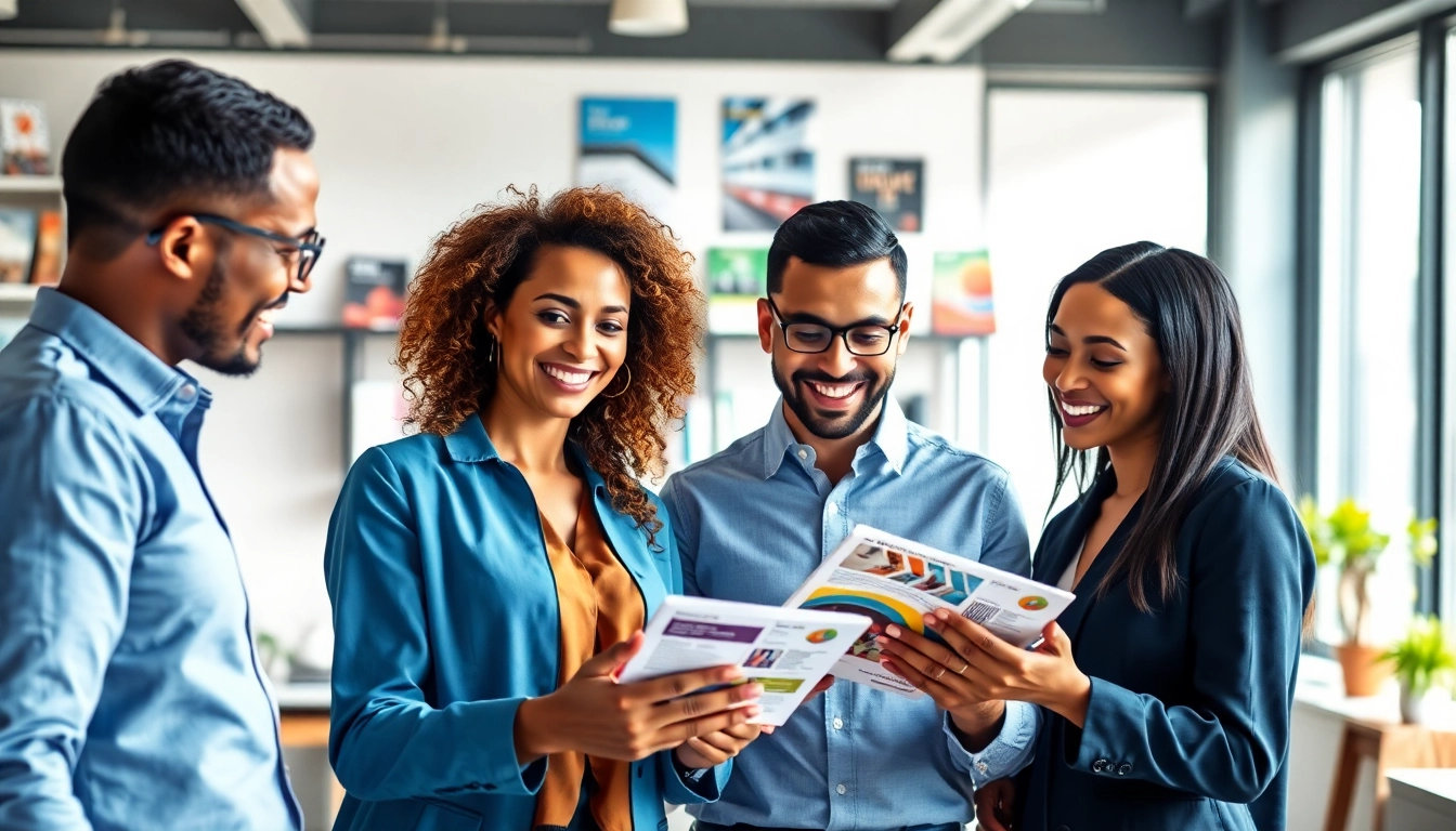 A direct mail company team brainstorming marketing solutions in a modern office.